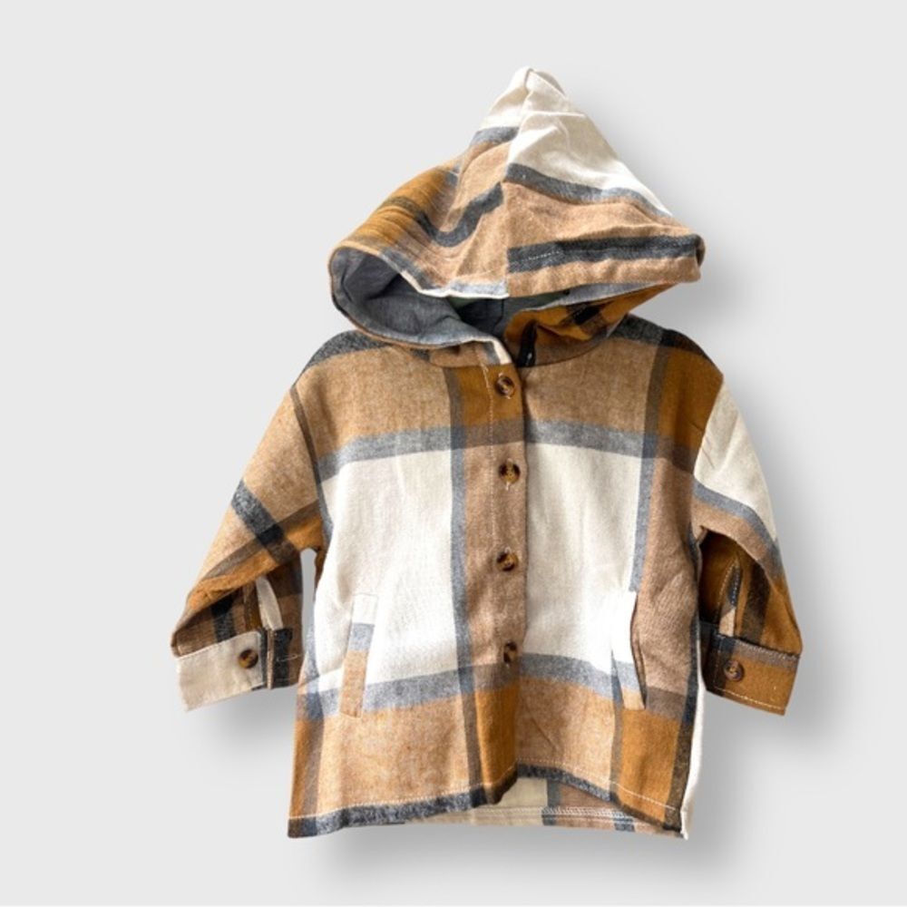 NEW hoodie unisex Plaid Flannel Jacket button front brown Cream 9M 12M 2T